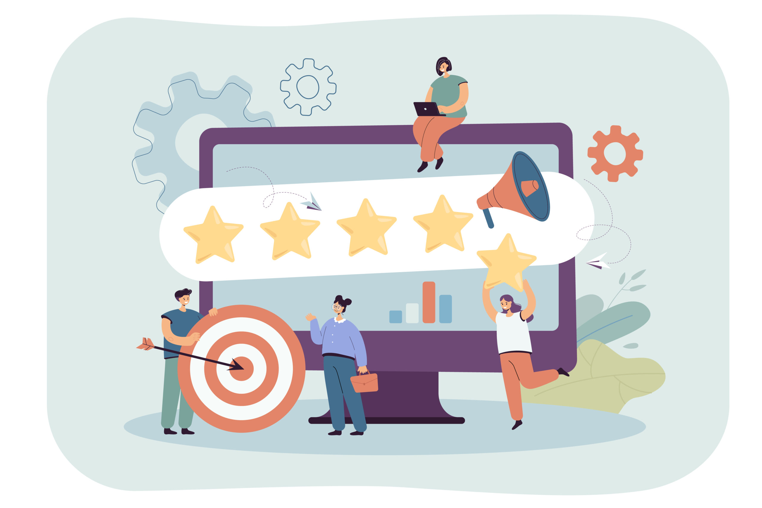 Managers analyzing company rating and brand reputation Managers analyzing company rating and brand reputation. Big computer and tiny people vector illustration. Professional management, insight, SEO, social network analytics concept